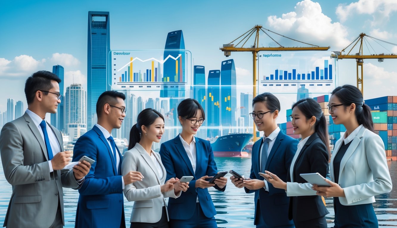 Sekelompok profesional bisnis Asia Tenggara berdiskusi di depan latar kota modern dengan gedung pencakar langit, pelabuhan, dan infrastruktur energi hijau.