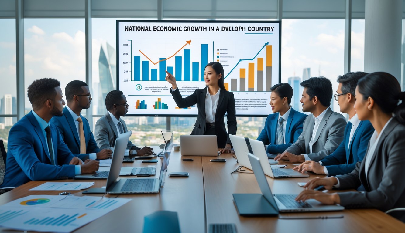 Sekelompok profesional bisnis sedang rapat strategis dengan grafik pertumbuhan ekonomi di layar digital di ruang kantor modern.