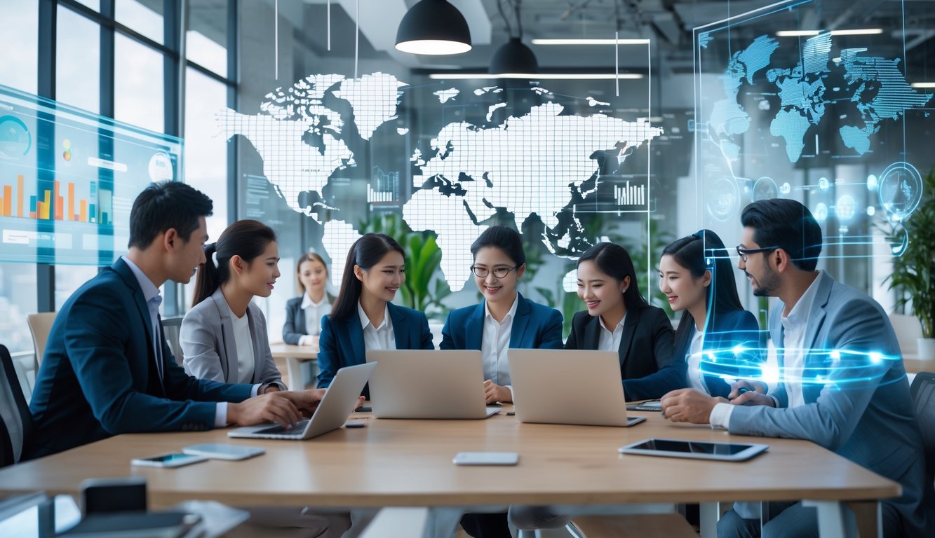 Sekelompok profesional muda bekerja sama di kantor modern dengan layar digital dan perangkat teknologi canggih, menggambarkan transformasi ekonomi berbasis digital di negara berkembang.