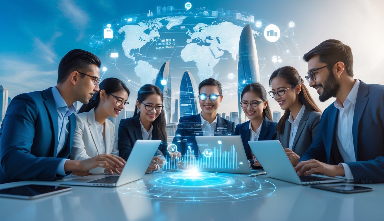 Sekelompok profesional bisnis dan ahli teknologi sedang bekerja bersama dengan antarmuka digital futuristik di latar kota modern.