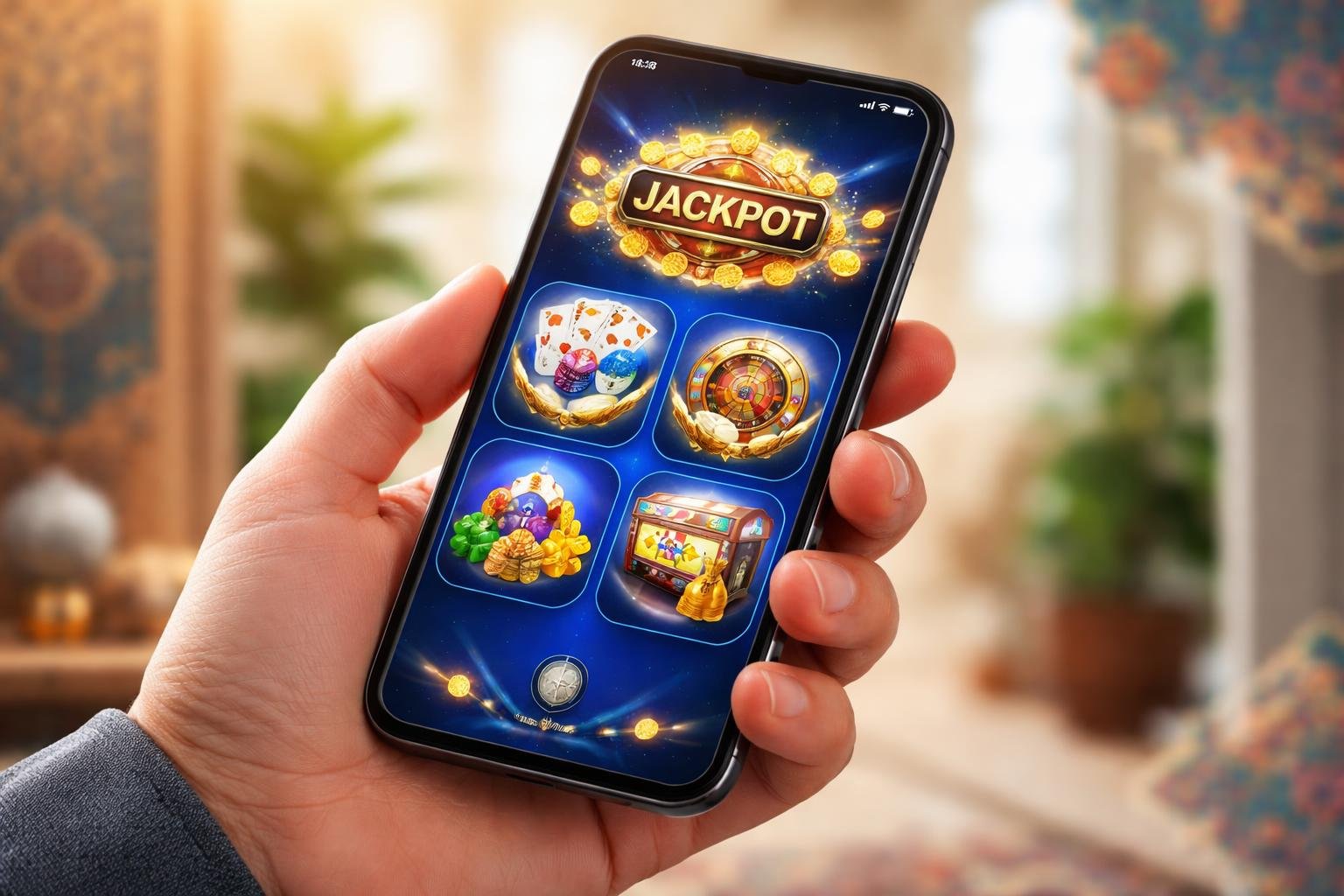 A hand holding a smartphone displaying a colorful casino app interface with gambling icons and a blurred background featuring subtle traditional patterns.