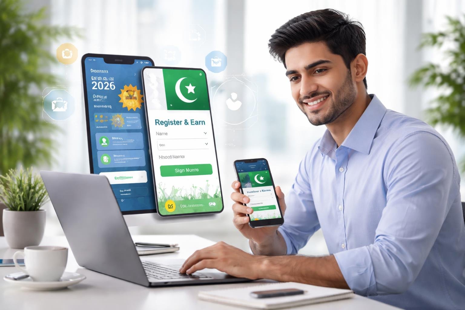 A young South Asian man using a laptop at a clean desk, setting up an app with a smartphone nearby in a bright, modern workspace.