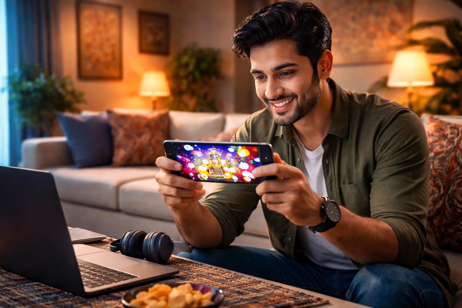 A young man using a smartphone to play casino games in a comfortable living room with cultural decor.