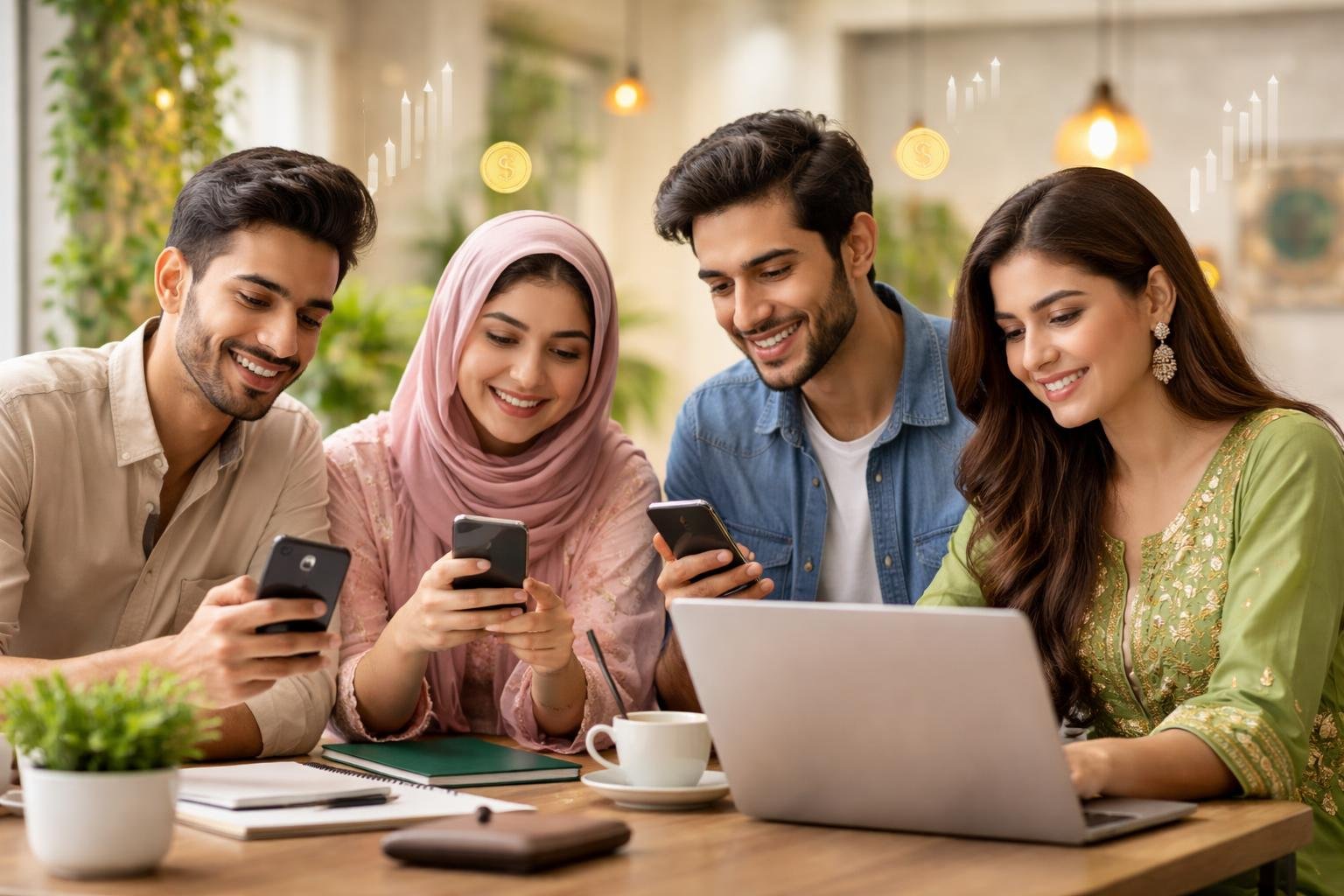 A group of young Pakistani adults using smartphones and laptops in a bright room, focused on digital activities related to earning money.