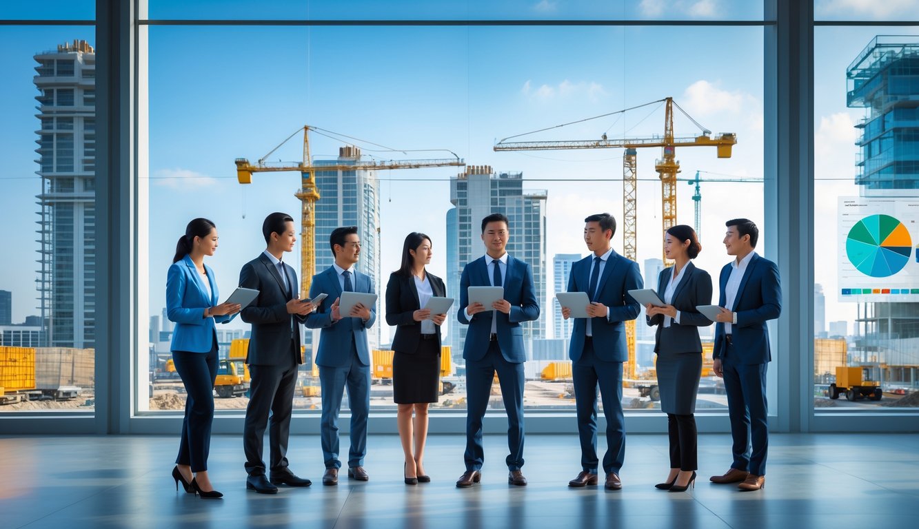 Pemandangan kota modern dengan proyek infrastruktur dan profesional bisnis yang sedang berdiskusi tentang investasi.