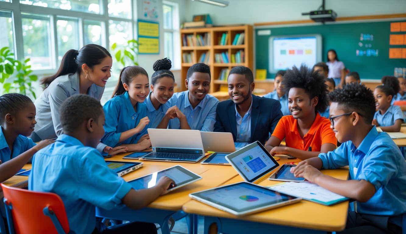 Sekelompok siswa dan guru menggunakan perangkat digital di ruang kelas modern yang terang dan penuh semangat.