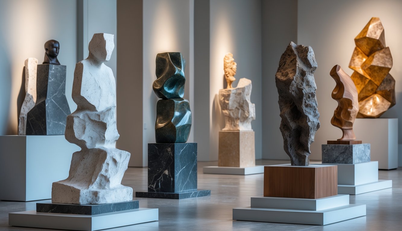 Beberapa patung dari berbagai bahan dipajang di galeri seni dengan pencahayaan alami dan latar belakang interior galeri yang bersih.