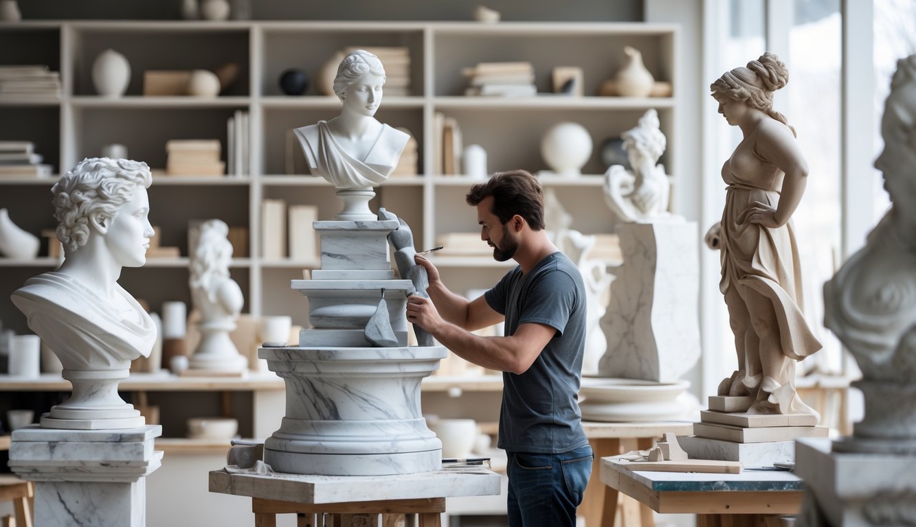 Seorang seniman sedang memahat patung di studio seni dengan berbagai patung dan alat pemahat di sekitarnya.