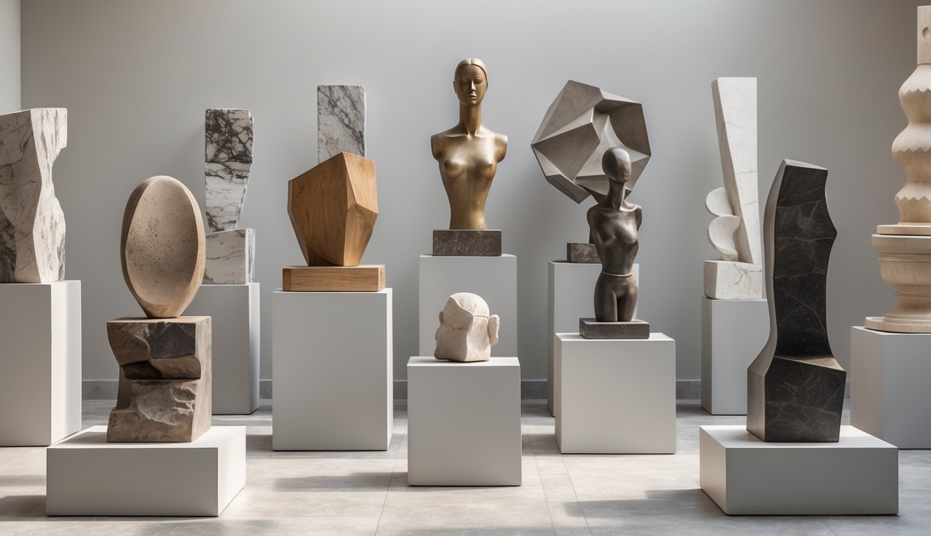 Beberapa patung dengan berbagai bentuk dan teknik pembuatan dipajang di galeri seni.