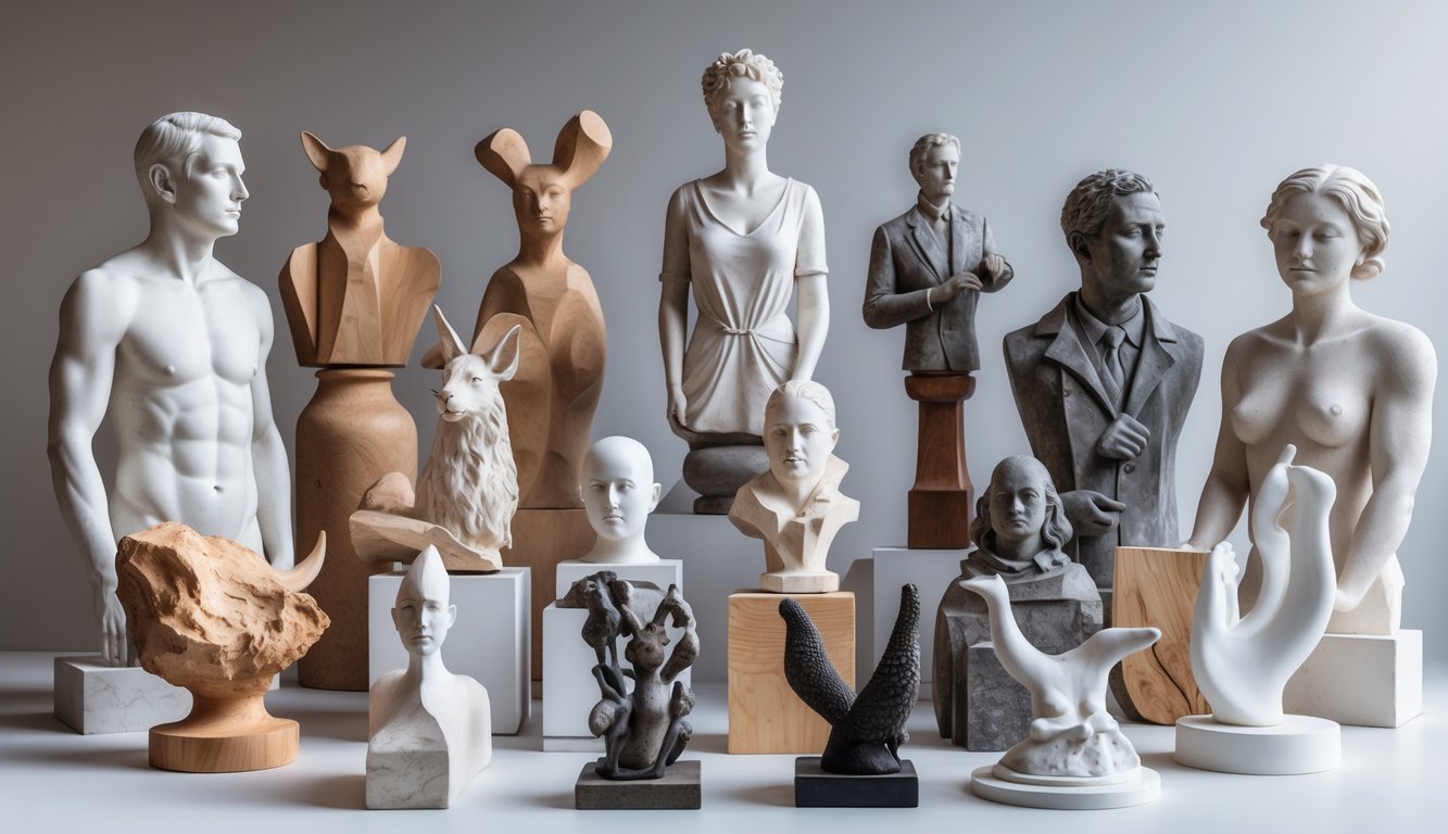 Berbagai jenis patung dari berbagai bahan dan bentuk dipajang di ruang galeri dengan pencahayaan alami.