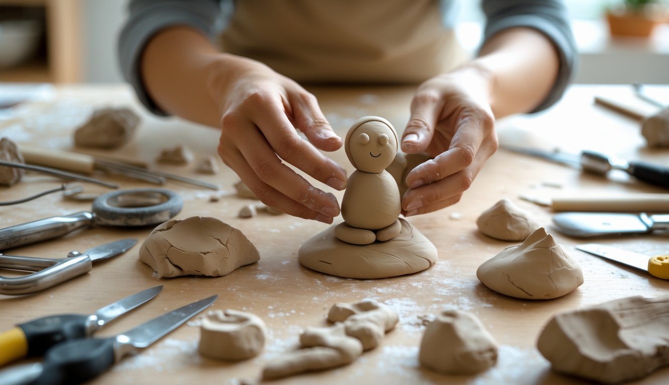 Tangan sedang membentuk patung dari tanah liat di atas meja kerja dengan alat-alat seni patung di sekitarnya.