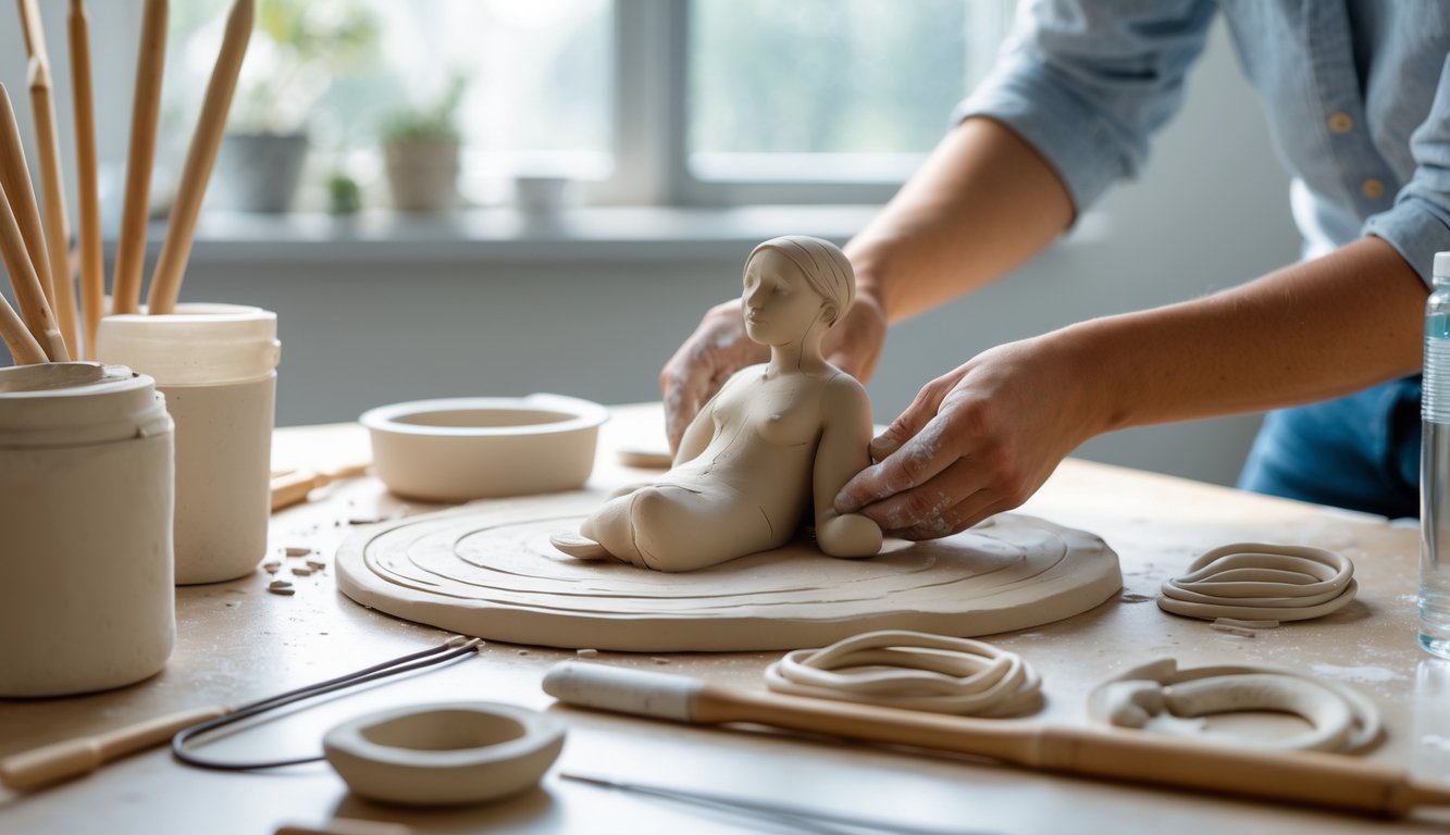 Seorang pemula sedang membentuk patung dari tanah liat di meja kerja dengan alat-alat seni patung di sekitarnya.