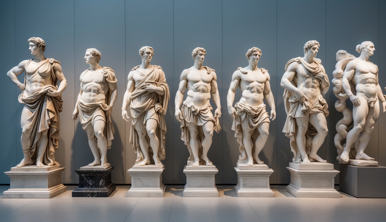 Deretan patung yang menunjukkan perkembangan seni patung dari zaman klasik hingga modern di sebuah galeri museum.