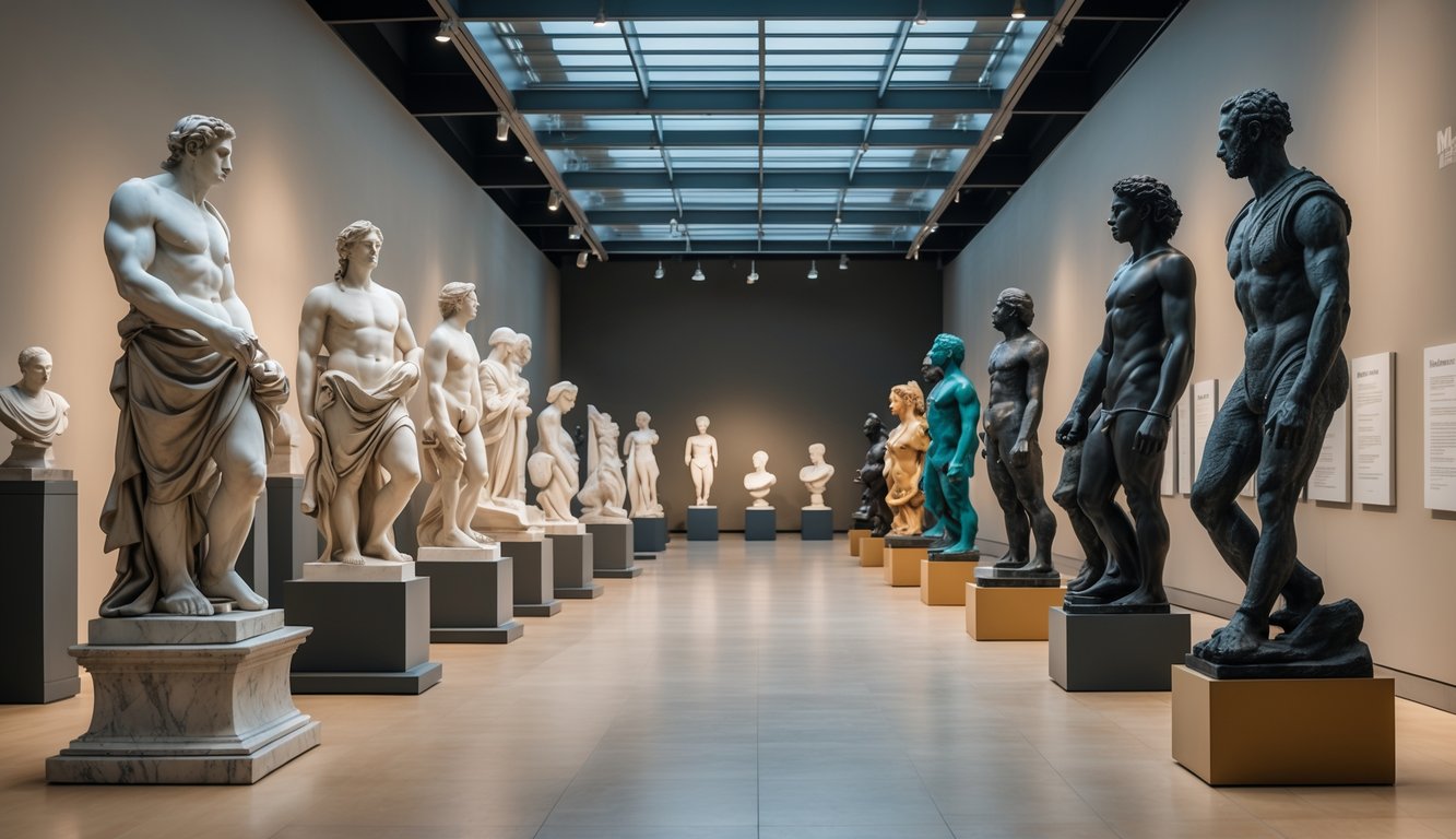 Ruang pamer museum dengan deretan patung dari era klasik hingga modern yang tersusun secara kronologis.