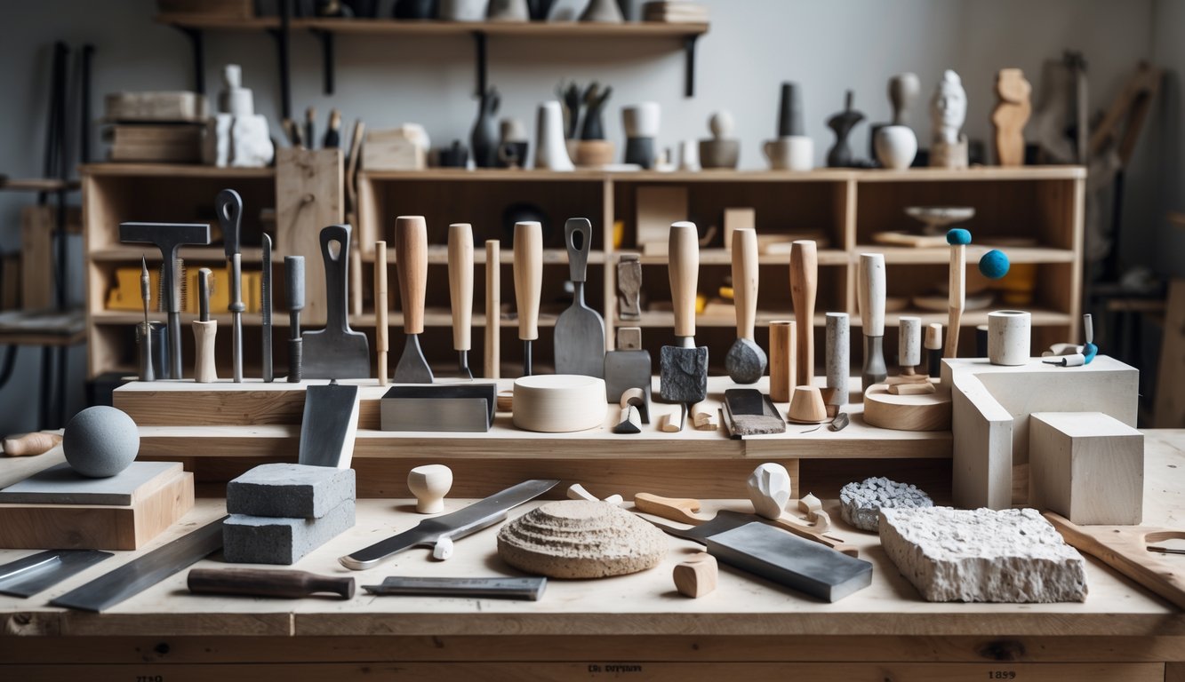 Alat dan bahan pembuatan seni patung seperti pahat, palu, tanah liat, dan kayu yang tersusun rapi di atas meja kerja di dalam studio seni.