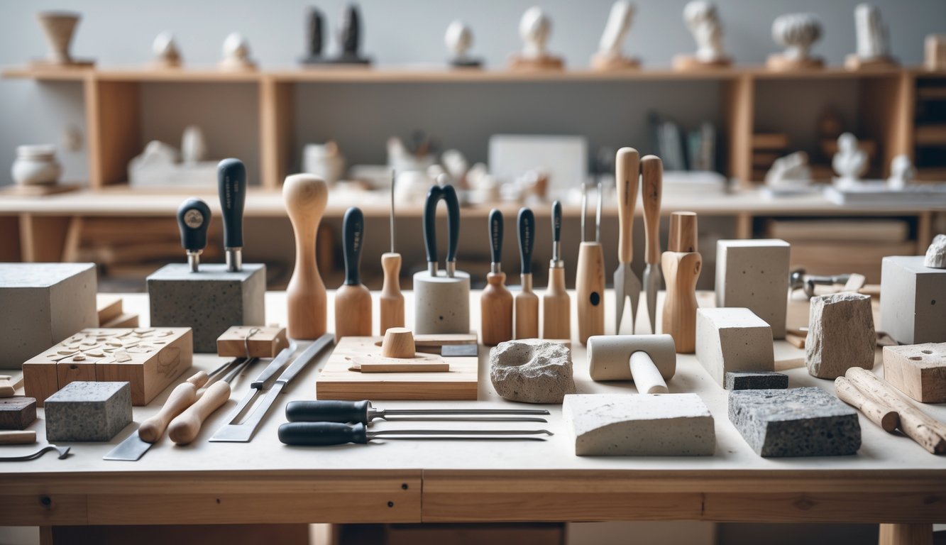 Berbagai alat pahat dan bahan seni patung tersusun rapi di atas meja kerja di dalam studio seni.