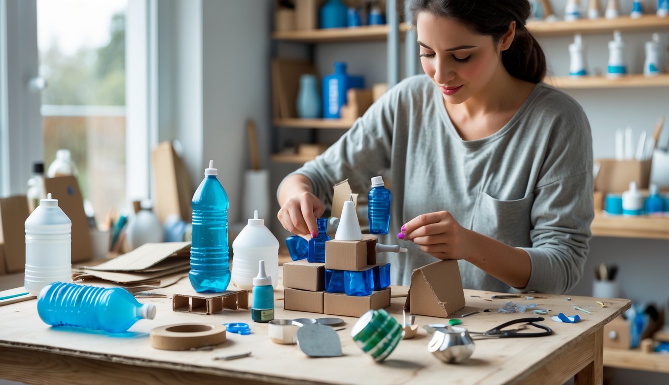 Seseorang sedang membuat seni patung sederhana dari bahan bekas di atas meja kerja di rumah.