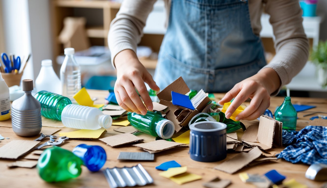 Meja kerja di rumah dengan berbagai bahan bekas dan tangan seseorang sedang memilih bahan untuk membuat patung sederhana.