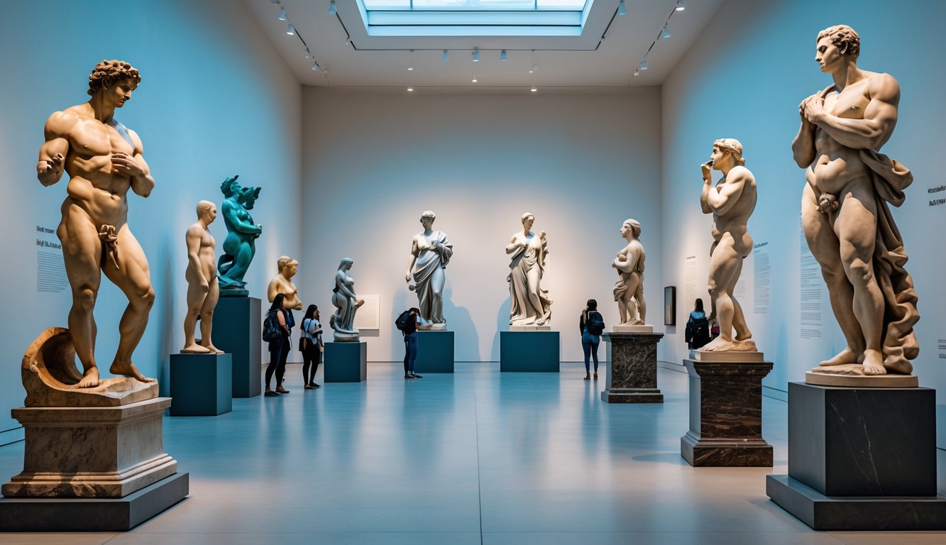 Koleksi patung terkenal dunia dipajang di galeri museum dengan pengunjung yang mengamati karya seni tersebut.