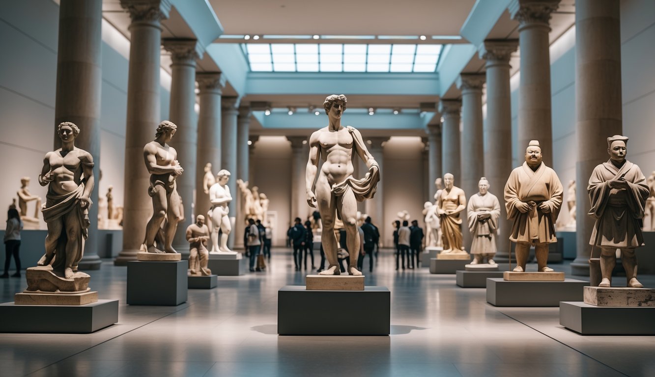 Ruang museum dengan berbagai patung terkenal dari dunia yang dipajang rapi dan pengunjung yang mengamati karya seni tersebut.