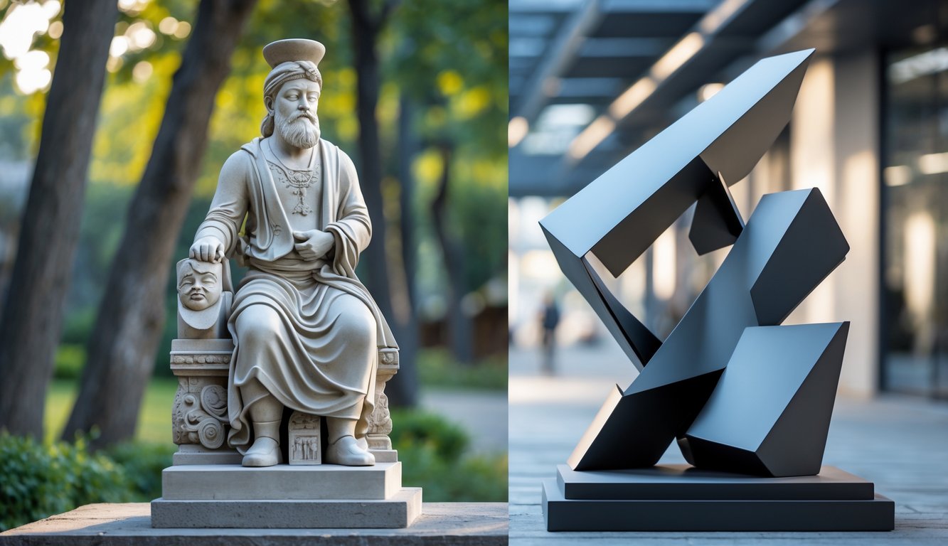 Dua patung berdampingan, satu tradisional dengan ukiran rumit di luar ruangan, dan satu modern dengan bentuk geometris di lingkungan perkotaan.