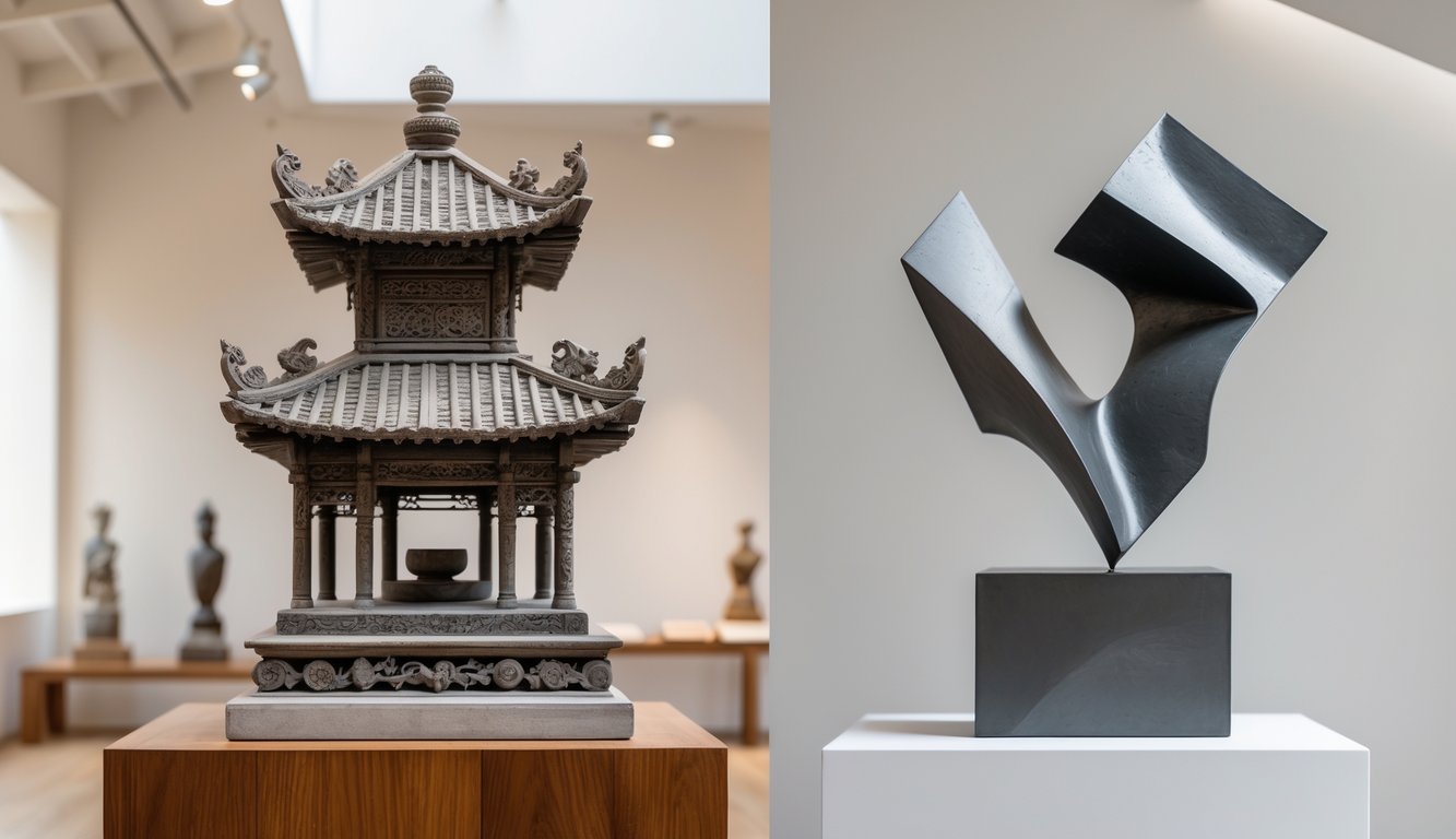 Dua patung berdampingan, satu patung tradisional dengan ukiran detail dan satu patung modern dengan bentuk abstrak, dipajang di atas alas berbeda.
