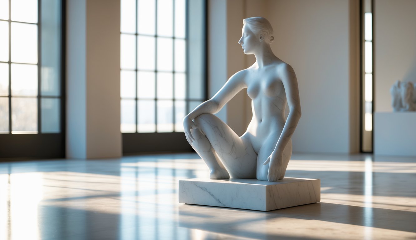 Sebuah patung abstrak berwarna putih di dalam galeri seni dengan pencahayaan alami dan latar belakang minimalis.