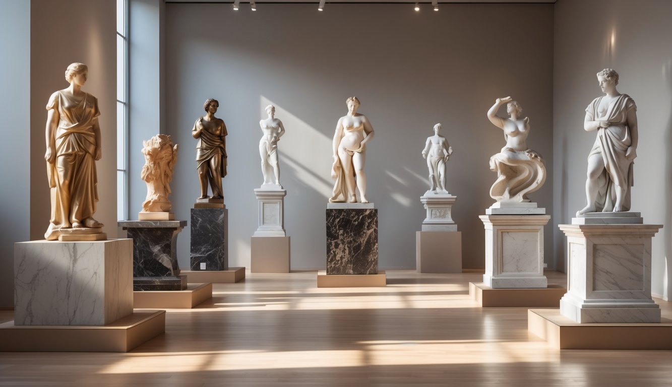 Interior galeri seni dengan beberapa patung berukuran berbeda yang dipajang di atas alas, menonjolkan keindahan dan detail karya seni patung.