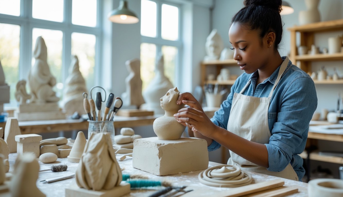 Seorang pemula sedang membentuk patung dari tanah liat di studio seni dengan alat-alat pahat di meja kerja dan patung-patung lainnya di latar belakang.