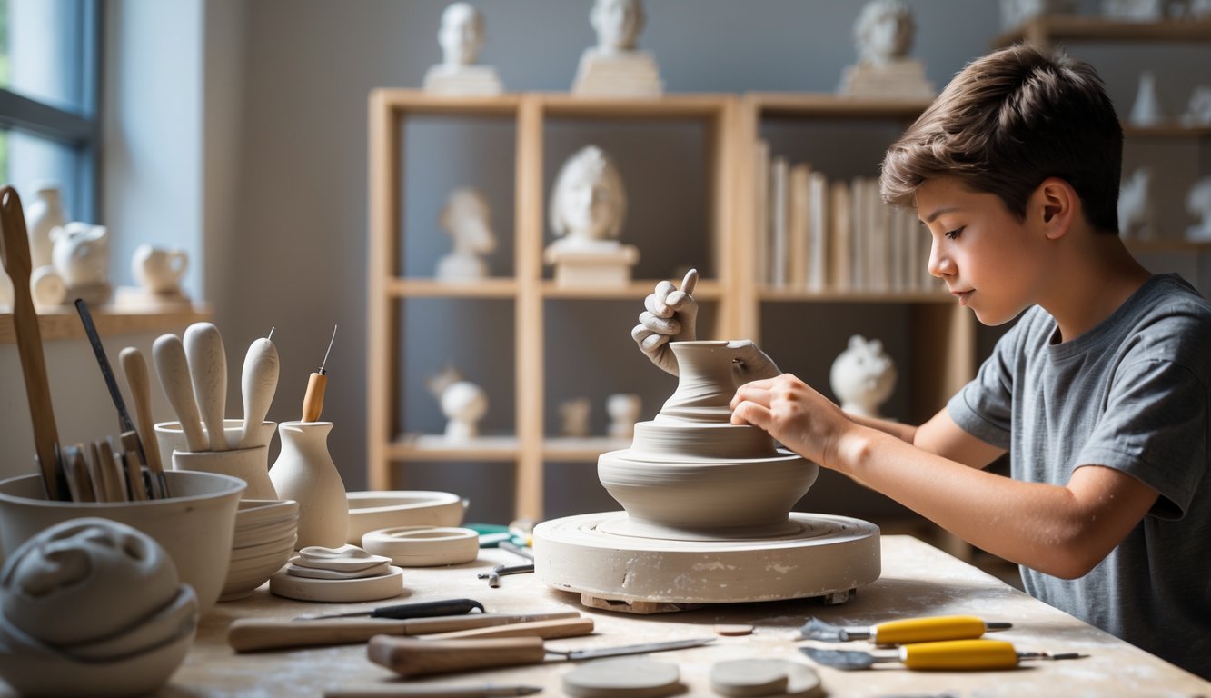 Seorang pemula sedang membentuk patung dari tanah liat di meja kerja dengan alat-alat seni patung di sekitarnya.