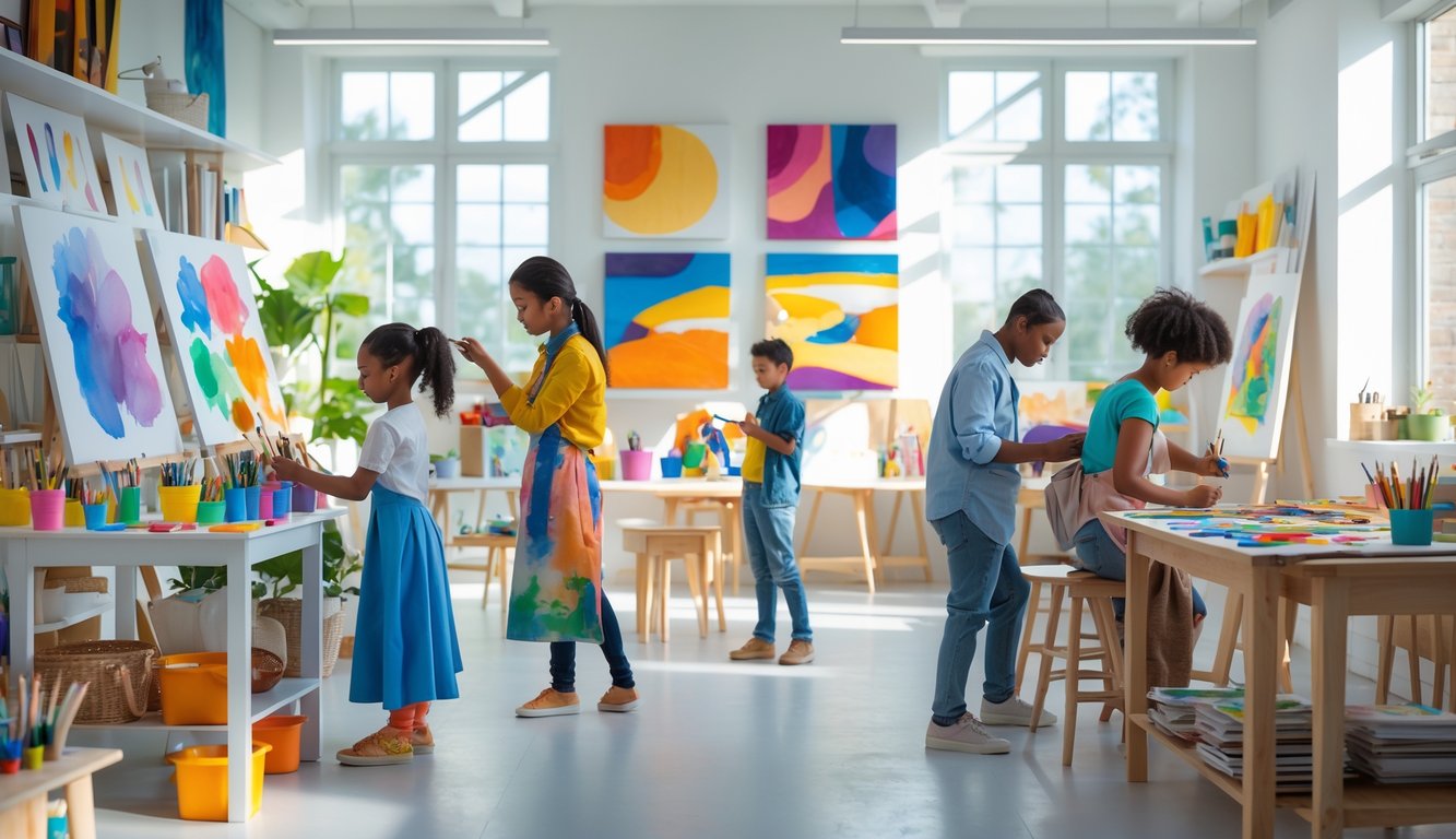 Sebuah studio seni terang dengan orang-orang dari berbagai usia sedang melukis, membuat patung, dan menggambar di sekitar meja yang penuh alat seni.