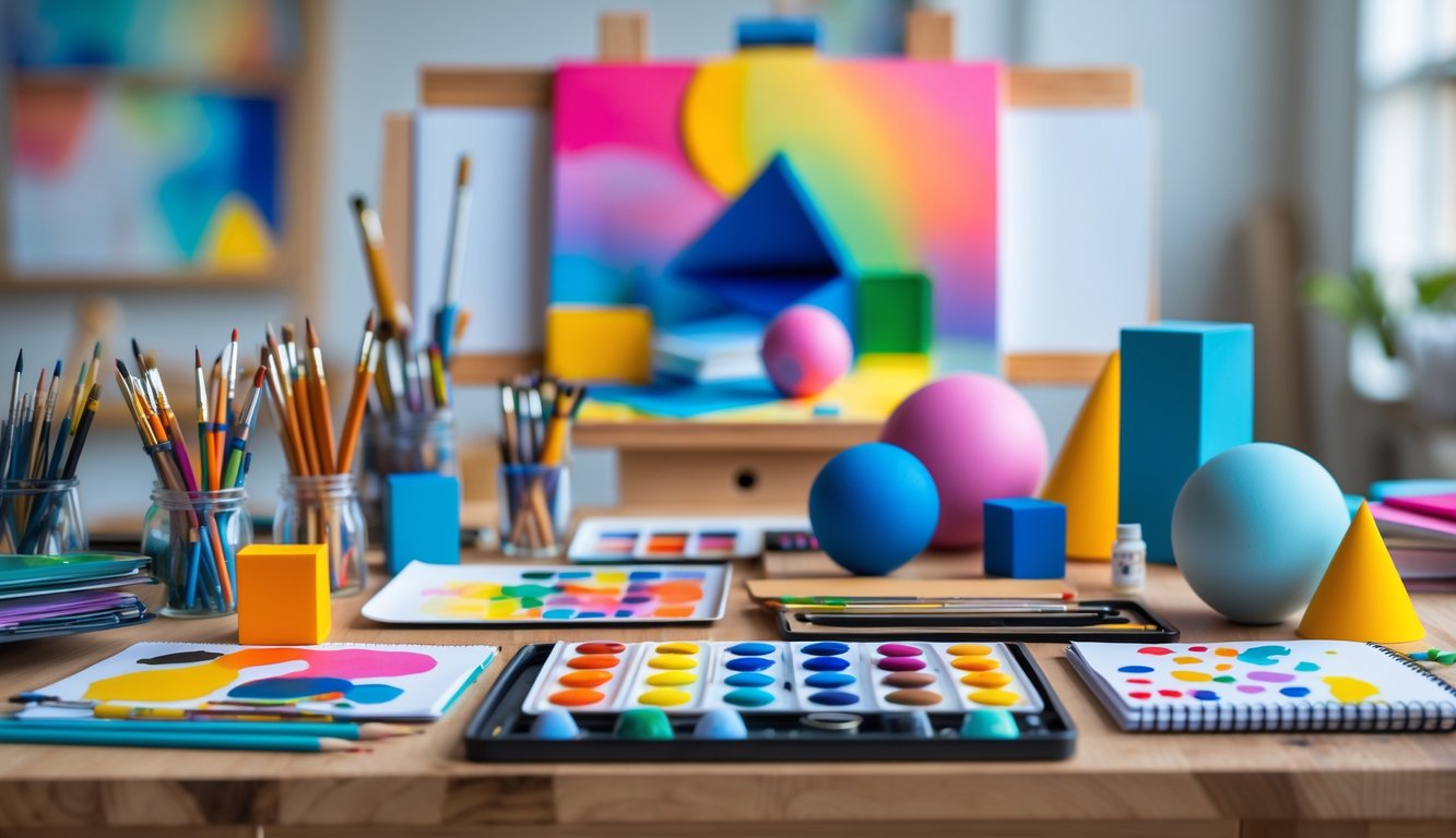 Meja kerja dengan alat seni seperti pensil warna, kuas, palet cat, buku gambar, dan bentuk geometris yang tersusun rapi.