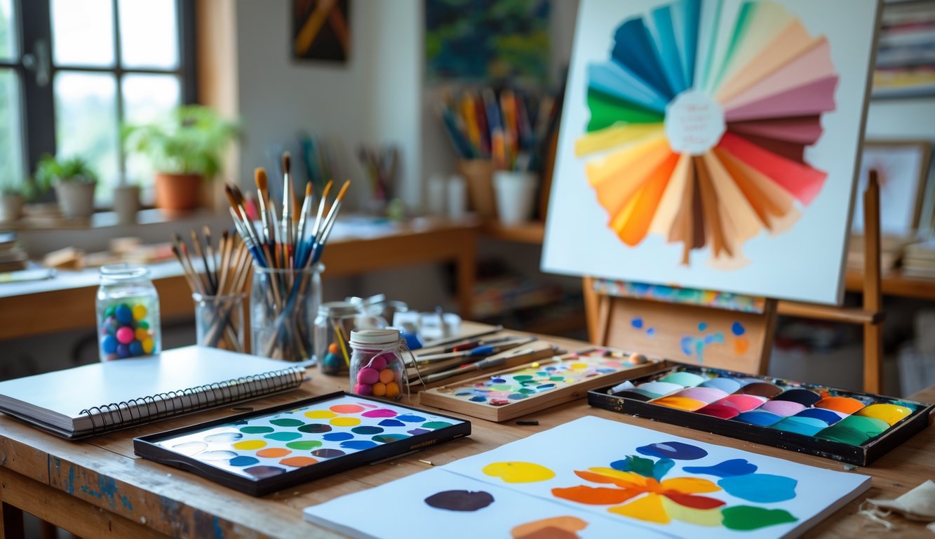 Meja kerja seniman dengan alat lukis dan lukisan setengah jadi di atas easel.