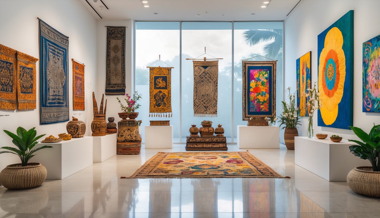 Ruang galeri yang menampilkan berbagai karya seni rupa Indonesia, termasuk tekstil batik, ukiran kayu, wayang kulit, dan lukisan warna-warni.