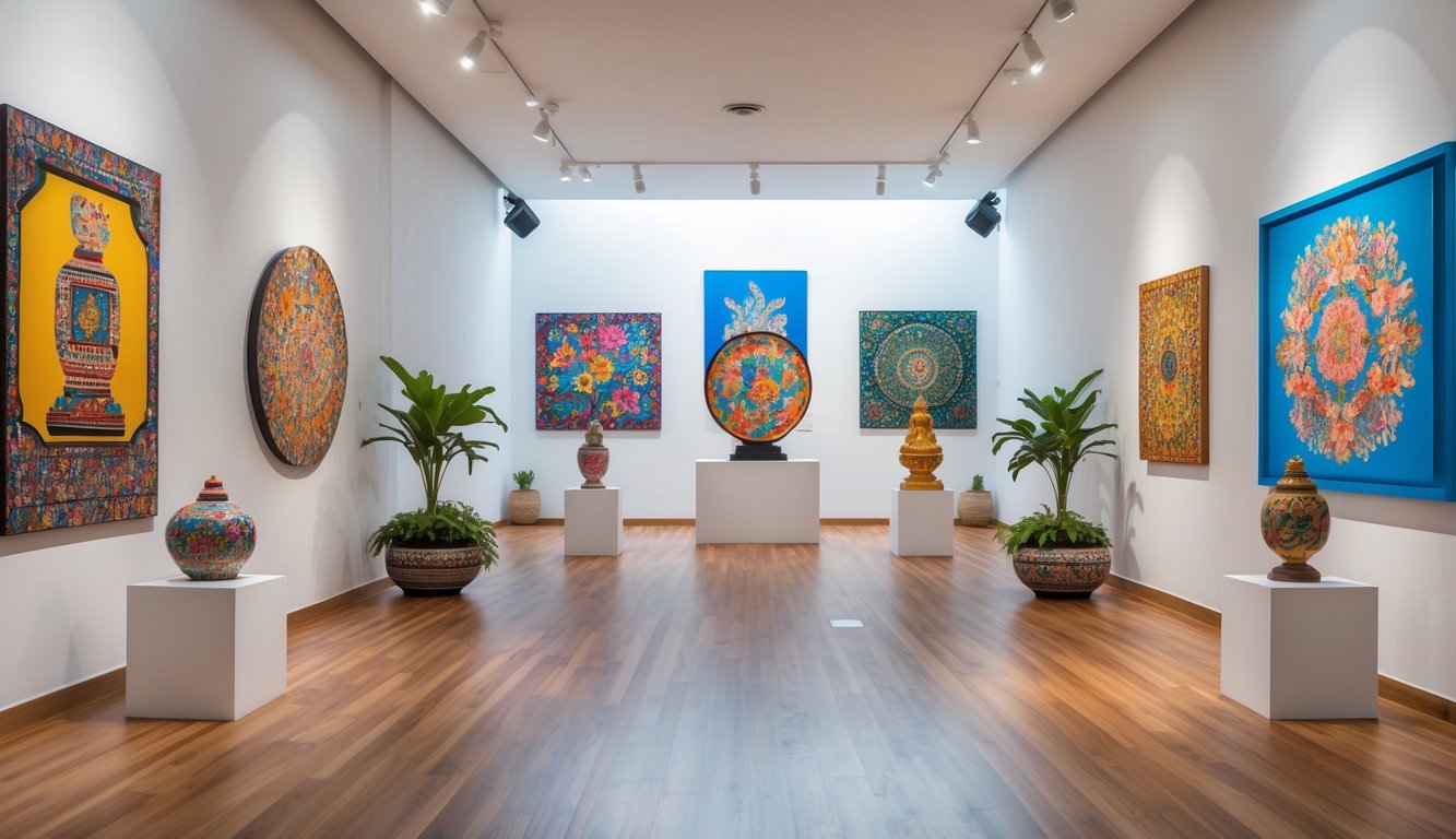 Ruang galeri dengan berbagai karya seni rupa Indonesia modern dan tradisional yang dipajang di dinding dan meja.