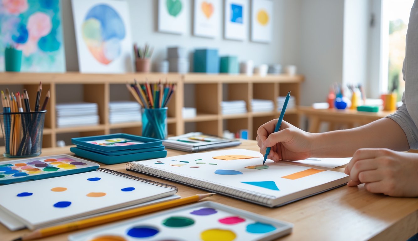 Tangan seseorang sedang menggambar di buku sketsa dengan berbagai alat seni di meja dalam studio seni.