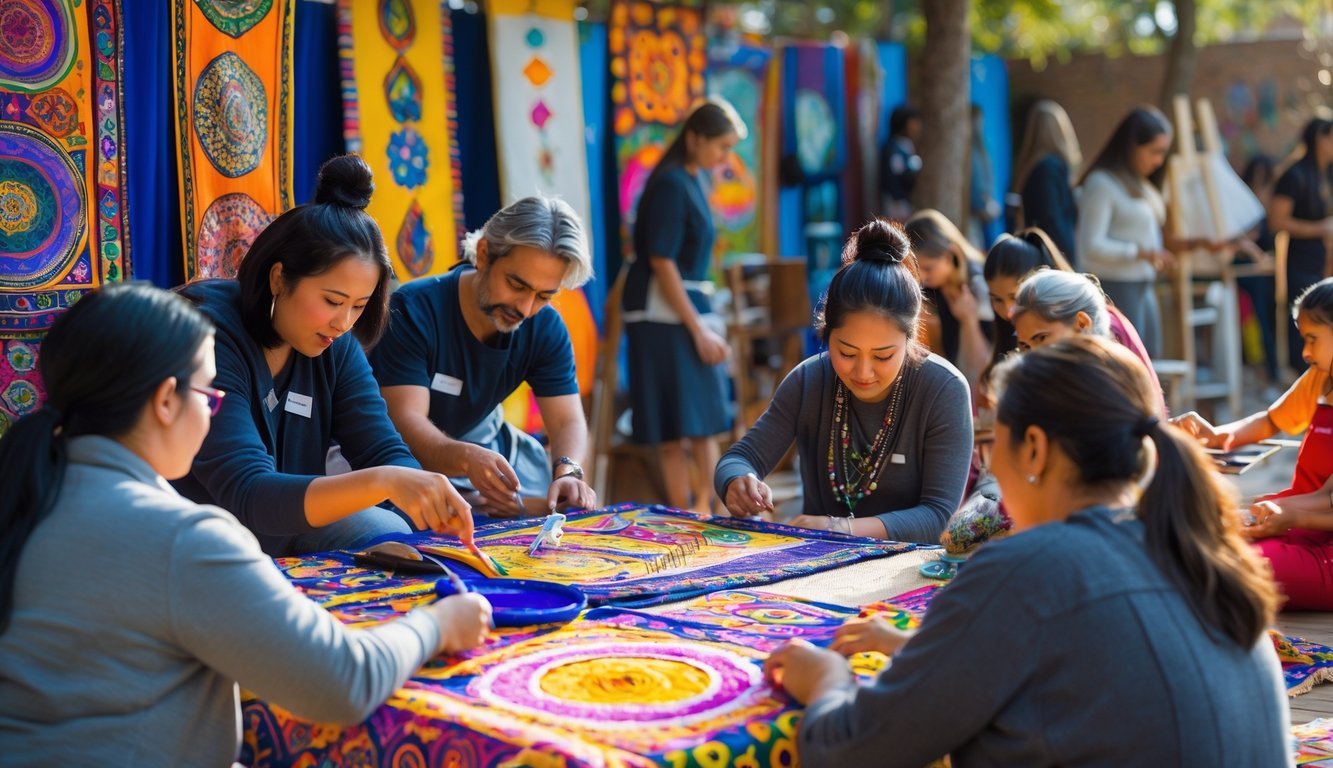 Sekelompok orang dari berbagai usia dan latar belakang sedang membuat dan mengapresiasi karya seni tradisional dan kontemporer dalam suasana komunitas yang hangat dan penuh warna.