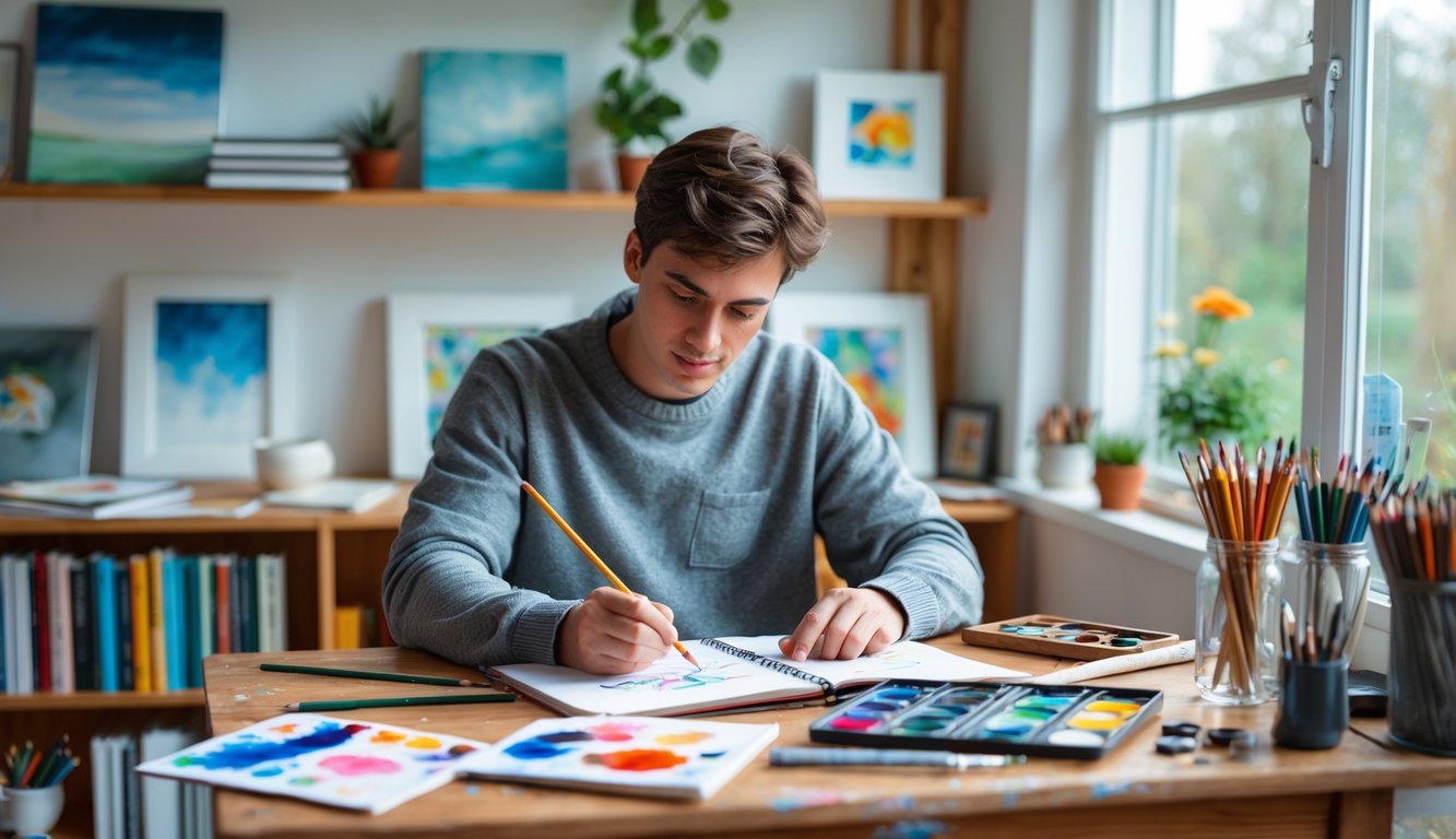 Seorang pemula belajar seni rupa secara otodidak di meja dengan alat lukis dan buku seni di ruangan yang terang.