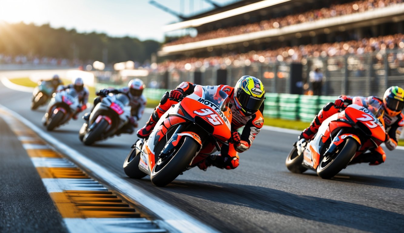 Beberapa pembalap MotoGP sedang berkompetisi ketat di tikungan tajam di lintasan balap dengan penonton di tribun.