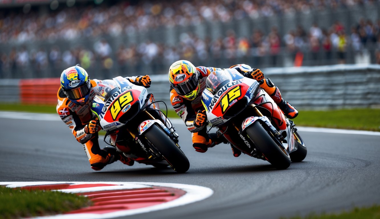 Dua pembalap MotoGP, Francesco Bagnaia dan Marc Márquez, sedang bersaing ketat di tikungan tajam pada lintasan balap dengan penonton di latar belakang.