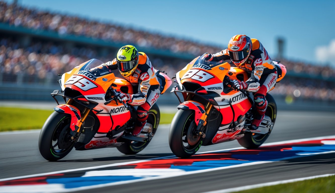 Dua pembalap MotoGP bersaing ketat di tikungan tajam di lintasan balap dengan penonton di latar belakang.