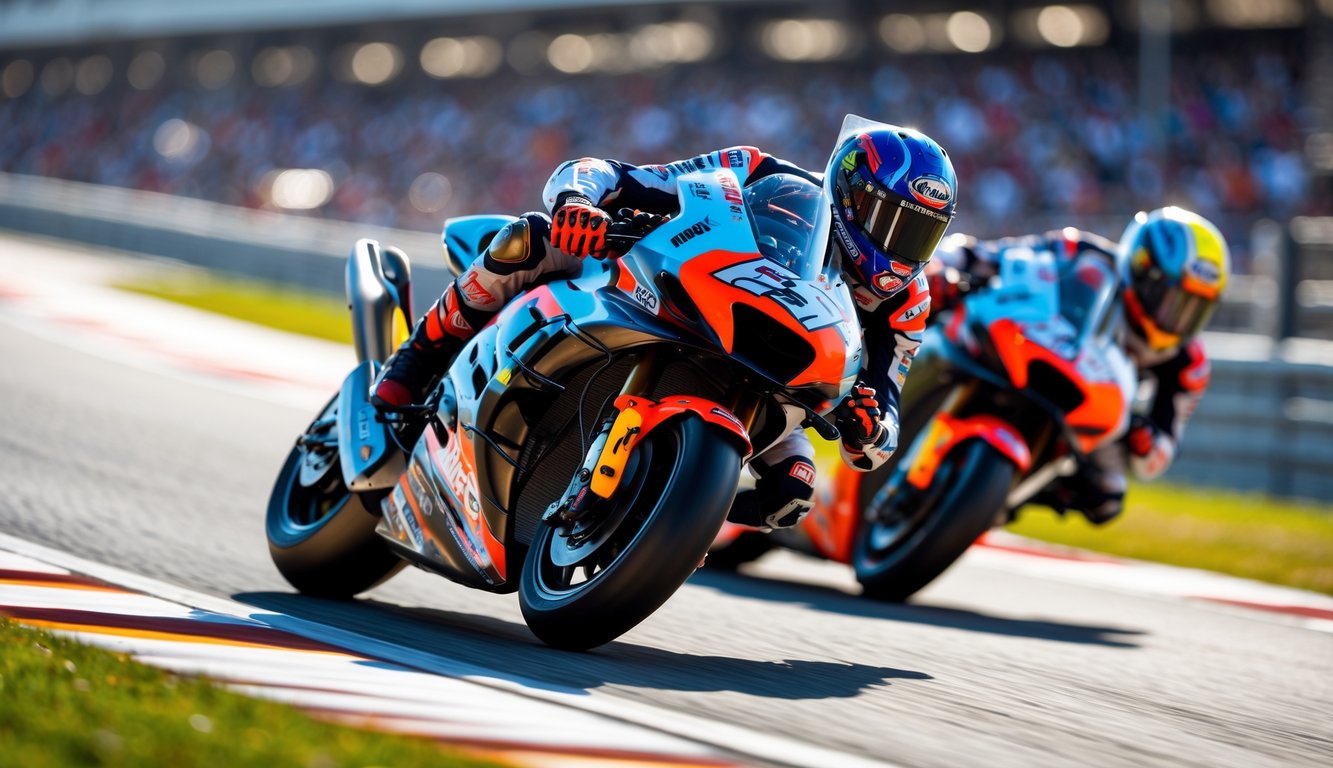 Dua pembalap MotoGP sedang menikung tajam di lintasan balap dengan penonton di latar belakang.