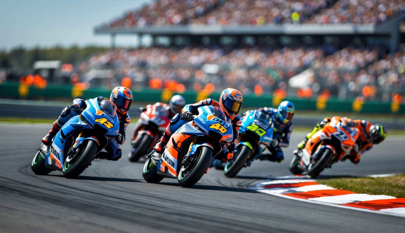 Beberapa pembalap MotoGP sedang berbelok tajam di lintasan balap dengan penonton di tribun di belakang mereka.