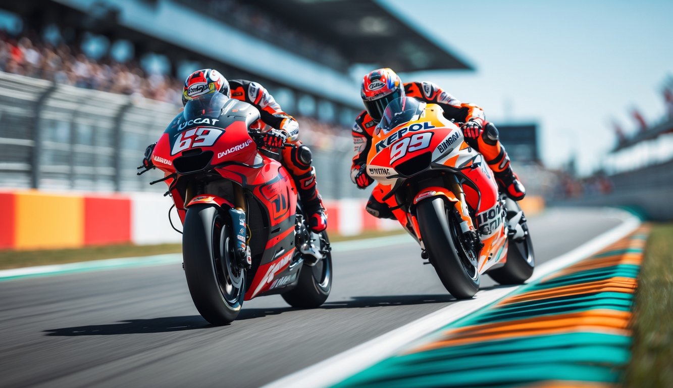 Dua pembalap MotoGP dari tim Ducati Lenovo dan Repsol Honda sedang berlomba di tikungan cepat di lintasan balap.