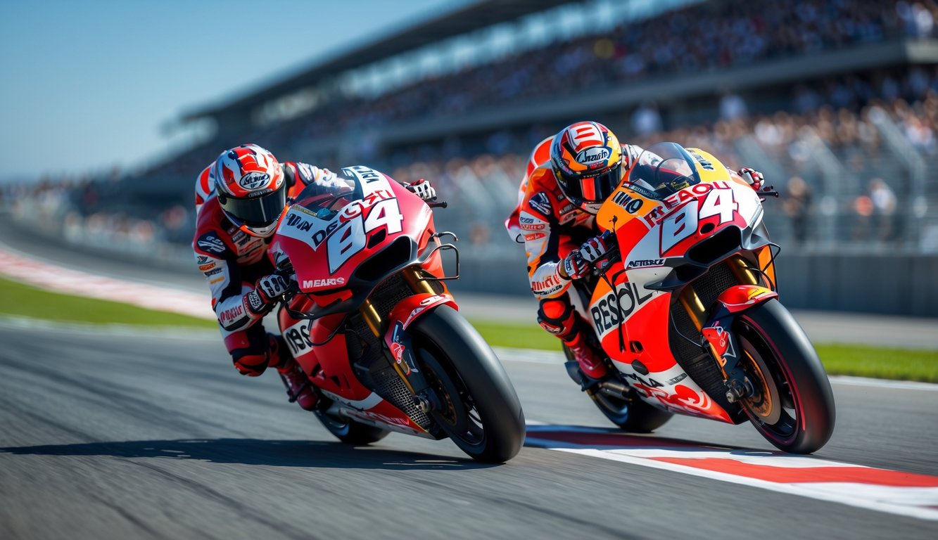 Dua pembalap MotoGP dari Tim Ducati Lenovo dan Tim Repsol Honda sedang berlomba ketat di lintasan balap.