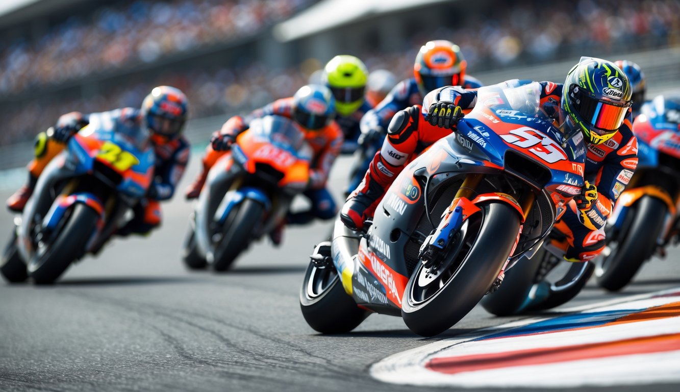 Beberapa pembalap MotoGP sedang berbelok tajam di lintasan balap dengan penonton di latar belakang.