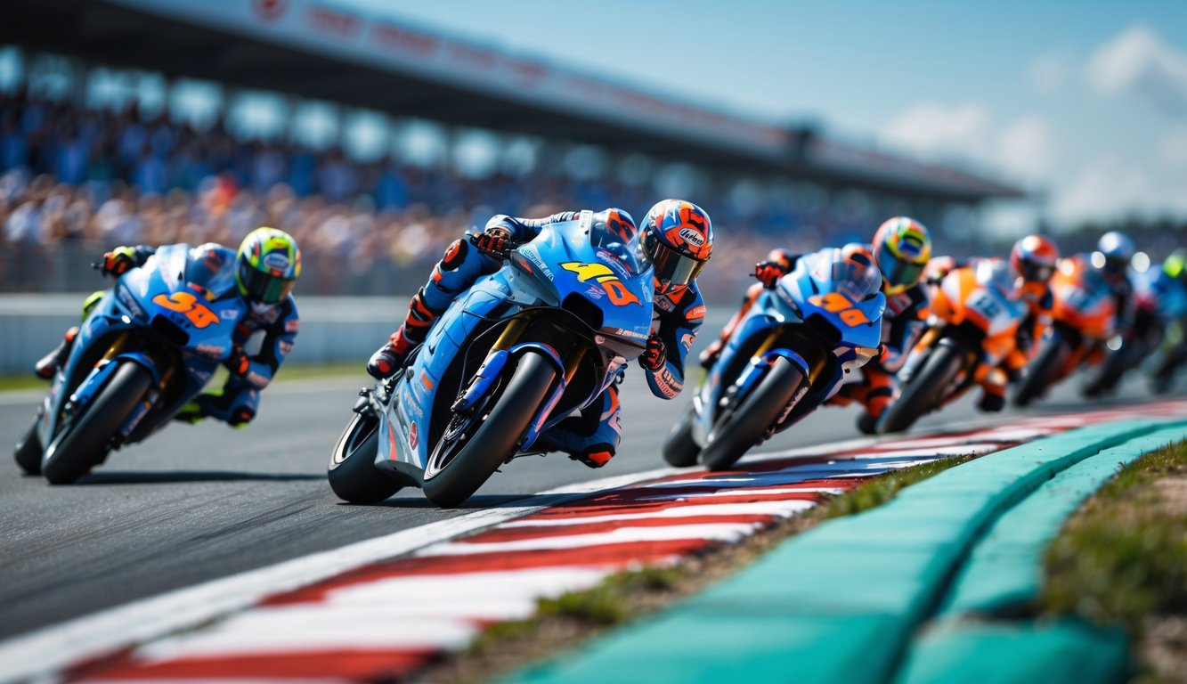 Beberapa pembalap MotoGP sedang berlomba ketat di lintasan balap dengan latar penonton dan langit cerah.