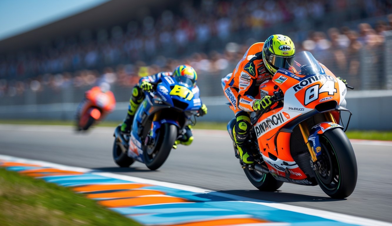 Dua pembalap MotoGP, seorang pemula dan seorang senior, sedang bersaing ketat di tikungan lintasan balap.