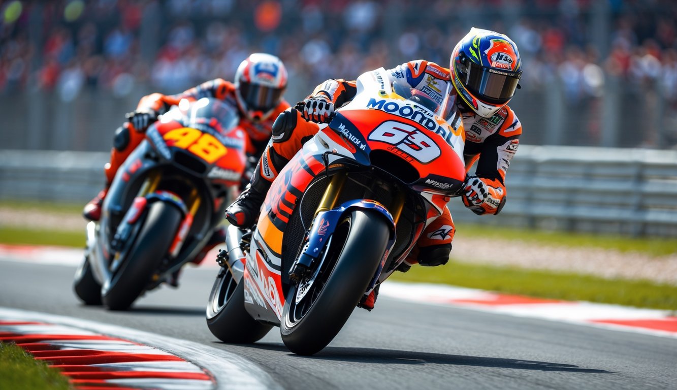 Dua pembalap MotoGP, satu rookie dan satu senior, sedang berlomba di tikungan tajam di lintasan balap.