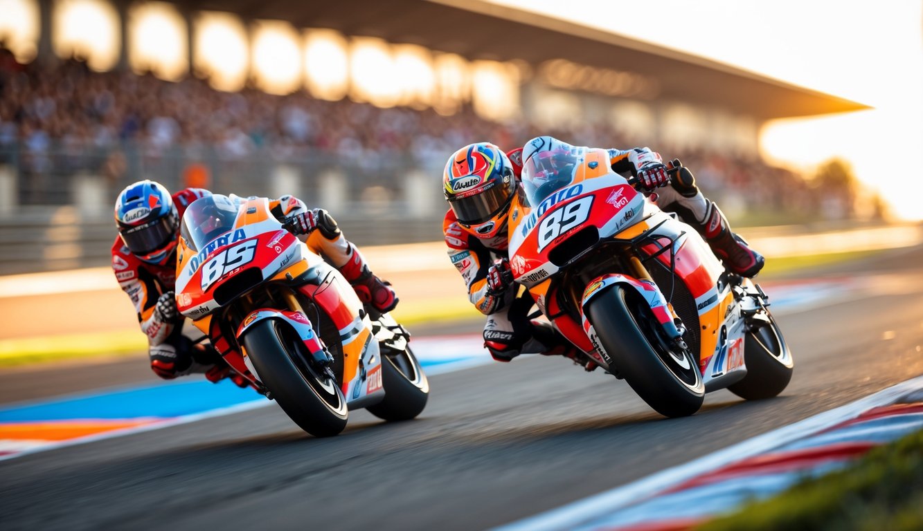 Dua pembalap MotoGP sedang bersaing ketat di tikungan tajam di lintasan balap dengan penonton di latar belakang.